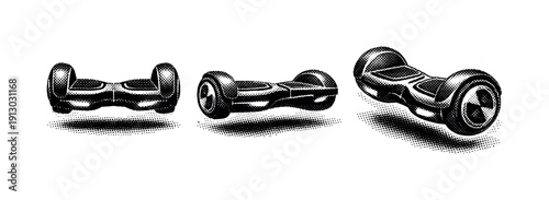 Hoverboard icon represented as one futuristic personal transport object shown in three views: front view, side view, and three-quarter view