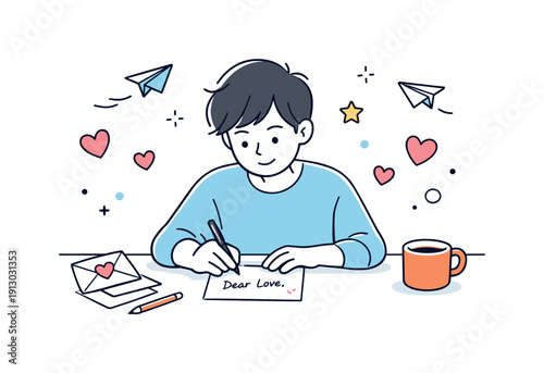   People writing love messages. A person sitting at a desk writing a heartfelt note on a card, calm focus and gentle emotion. Small hearts and
