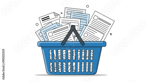 Blue plastic shopping basket overflowing with various paper documents and files representing data collection or waste.