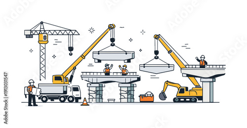    Bridge construction process. A clean construction scene with cranes, supports, and segmented bridge elements being assembled step by step.