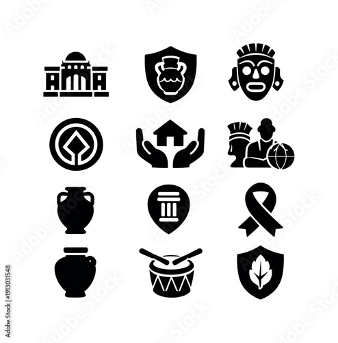 Cultural Heritage. Solid icon set of Cultural Heritage: heritage building, protected artifact, cultural mask, traditional sculpture, world