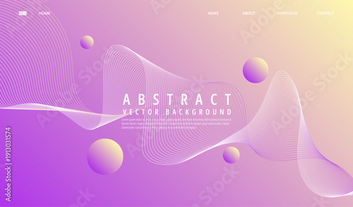 Vibrant purple and yellow gradient abstract vector background featuring flowing white line waves and floating geometric spheres design elements