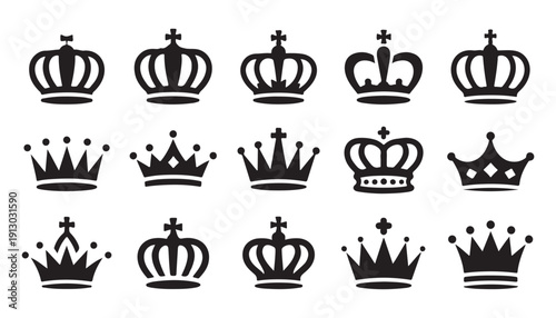 Set of 15 royal crowns in black silhouette vector illustration style on white background