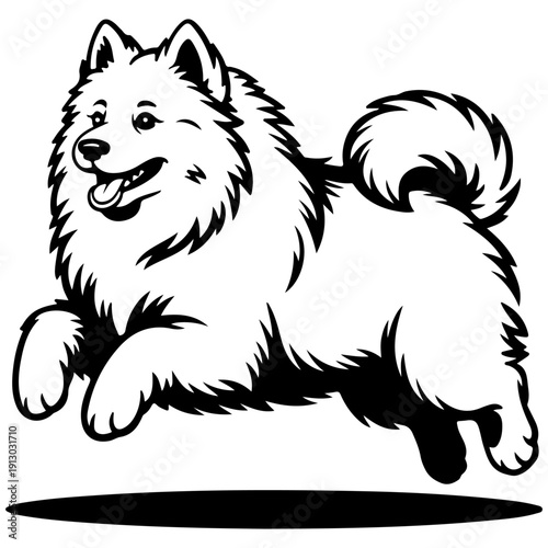 A cheerful illustration of a Samoyed dog in mid-air 