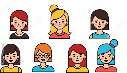 Diverse collection of female portraits in vector style