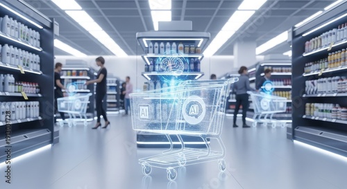 Futuristic Smart Shopping Cart Navigating a Modern Grocery Store with Digital Overlays and AI Technology.