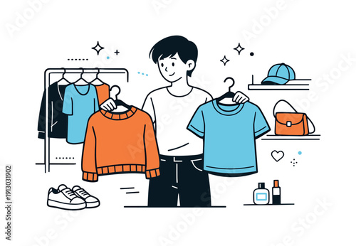 Wardrobe color coordination. A person compares clothing items in complementary colors on hangers. Calm everyday styling and