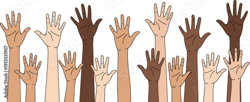 Diverse hands raised in the air palms fingers