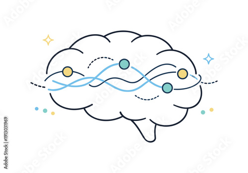 Brain activity during dreaming. A simplified brain icon with gentle waves and signals moving through it, quiet and scientific. Abstract lines