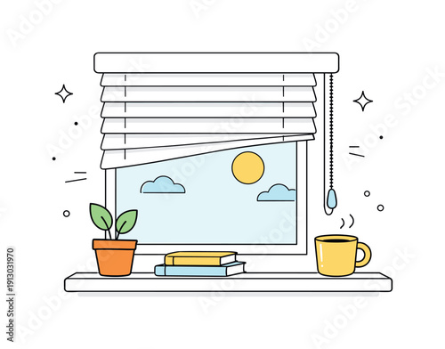 Window blind cord. A minimal interior scene with a window blind partially open, the cord hanging neatly to the side. The illustration shows