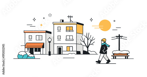 Low winter sunlight. A simple urban scene with buildings touched by low sun, highlighting edges and surfaces with warm light. Calm and quiet