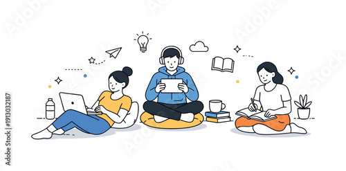 Flexible education systems. Students learning in different ways using laptops, notebooks, and tablets, seated comfortably in an open space.