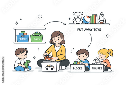 Teaching kids to tidy up. Adult demonstrating how to organize toys, patient learning moment and focus. Shelves, labeled boxes, and soft