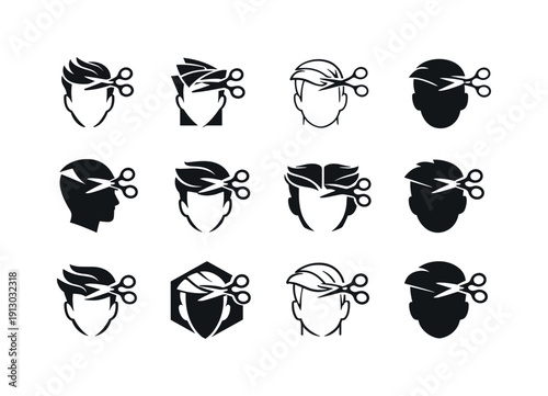    Hair trimming process. Icon set. Set Logo of hair trimming process: clean haircut result symbol. harmonious logo variations of the same