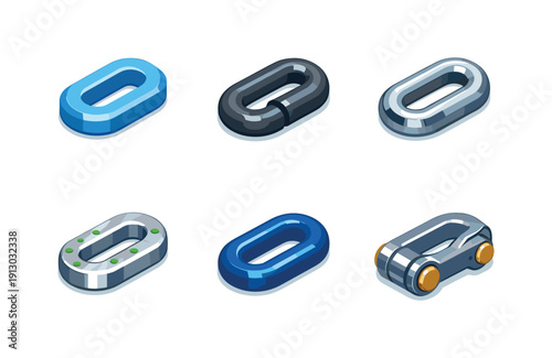 Chain Link Icons. Chain link details. Isometric flat vector icons set of chain link details: beveled edge link, thick-gauge chain link, hollow steel link,