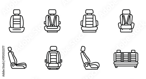 Line art illustration of various car seats and safety options