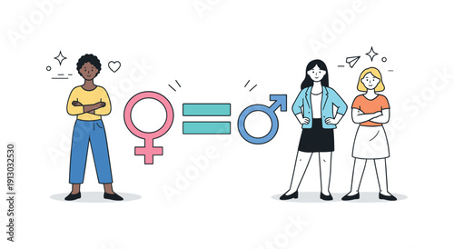   Feminist equality concept. Stylized women standing confidently next to equal sign and gender symbols, calm empowering mood. Clear message,