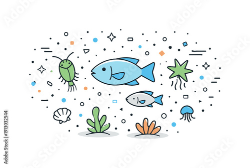 Microplastics in the ocean. Tiny particles surrounding plankton and small fish, barely visible but widespread. Calm composition highlights an