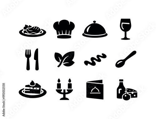 Gourmet Meals. Solid icon set of Gourmet Meals: plated entree, chef hat, cloche cover, wine glass, fine dining fork knife, garnish leaf,