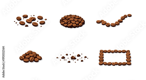    Coffee flat lay. Isometric flat vector icons set of coffee flat lay: beans scattered on surface, circular bean pile, beans trail, small bean
