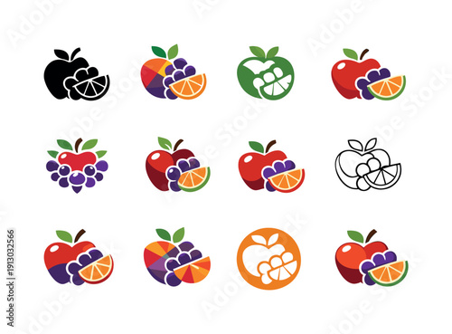 Fruits. Icon set. Set Logo of Fruits: fresh produce symbol. harmonious logo variations of the same emblematic concept, each with different