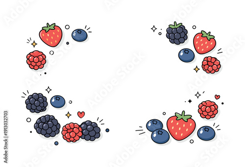 Seasonal berries flat lay. Fresh berries gently scattered with visual rhythm, suggesting healthy food and summer freshness. Clean editorial