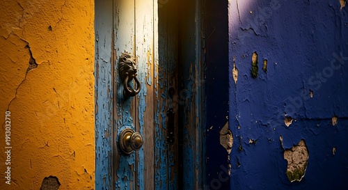 Close up of old wooden door with peeling blue paint and textured colorful walls. Vintage detail concept