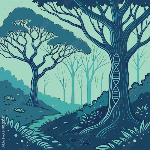 Futuristic Neon DNA Forest Fantasy Illustration