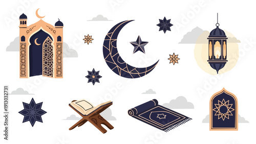 Flat lay illustration of Islamic Ramadan symbols including a mosque, crescent moon, stars, lantern, and Quran on a white background with a calm and serene mood.