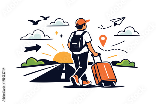   Traveling. Sunlit road stretching toward the horizon, suitcase rolling beside a relaxed