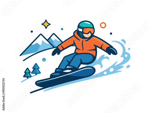 Skiing or snowboarding down a snowy mountain slope captured in a dynamic downhill moment with a single rider carving through fresh snow. The