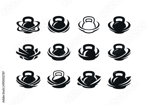    resistance training. Icon set. Set Logo of resistance training: kettlebell and motion arcs. harmonious logo variations of the same emblematic