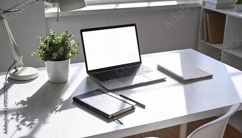 Minimal white workspace, modern desk setup, soft shadows, bright natural light, clean business background, stock photo style, unique composition, different layout, creative perspective