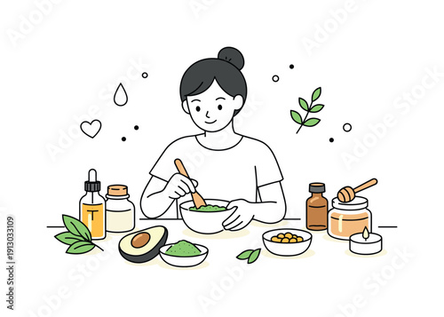 Natural beauty ingredients. A person preparing skincare using plant-based ingredients like leaves, oils, or powders, symbolizing conscious