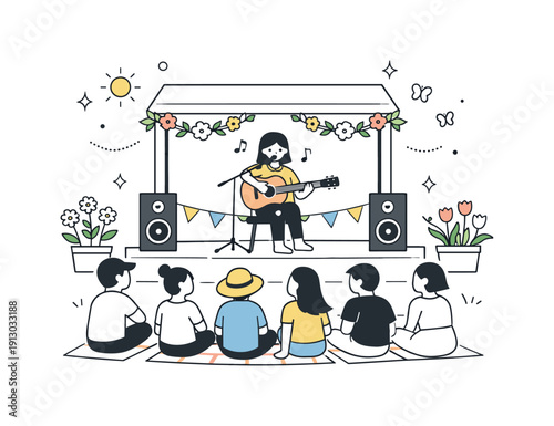 Spring Festival Performance. Spring city festivals. Small stage performance with a musician or dancer in a cozy outdoor setting, surrounded by seated audience