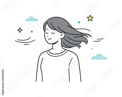    People hair moved by air. A person standing still while a light breeze gently lifts their hair to one side. Quiet motion and calm outdoor