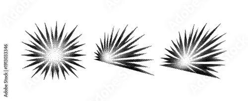   Halftone abstract sunburst background An abstract sunburst background with irregular ray spacing illustrated in front view, side view, and