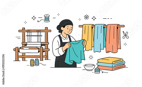 Traditional silk weaving in small workshops. Finished silk fabrics hanging neatly while an artisan inspects texture and quality. Sense of