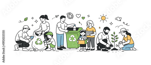 Community Eco Initiatives. Environmental concepts. Friendly editorial illustration of communities engaging in clean-up, recycling, and planting activities.