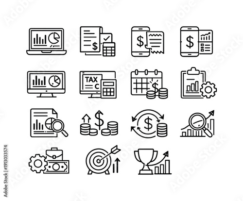   Finance and accounting tools. Line outline icon set of Finance and accounting tools: