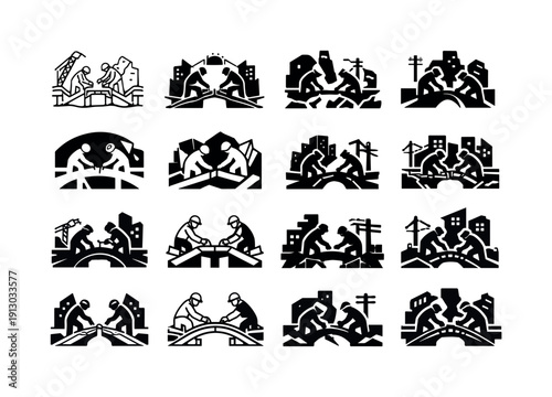   Workers repairing damaged infrastructure after disasters. Icon set. Set Logo of Workers repairing damaged infrastructure after disasters: