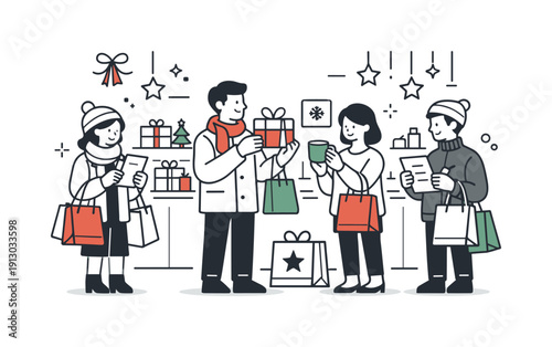 Holiday season shopping. A warm editorial scene of people browsing festive gifts in a calm, modern shop environment, holding shopping bags
