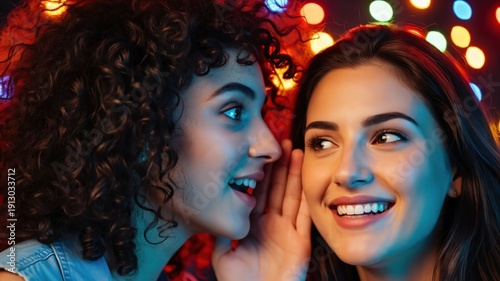 Two Gen Z women sharing rumors and whispering at a neon music festival