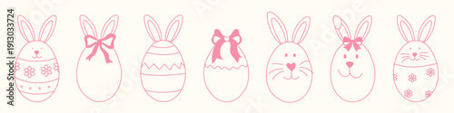 Cute Easter bunny egg illustration set with pastel rabbits, bows, floral patterns and striped eggs. Kawaii spring holiday clipart for greeting cards, invitations and kids designs