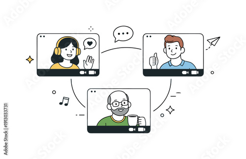 Minimal virtual bonding illustration. A simple composition with connected video call frames and cheerful avatars, floating gently in space.