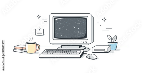 Dusty devices realism. A calm desk scene with an older monitor and dusty screen, background faded and minimal. The visual tone expresses slow