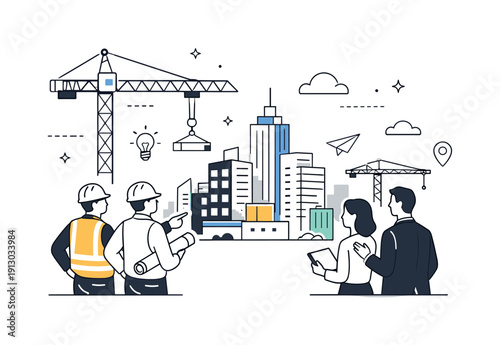 Urban Growth Vision. A construction crane over a developing city district, representing growth and change. A focused scene showing workers and planners