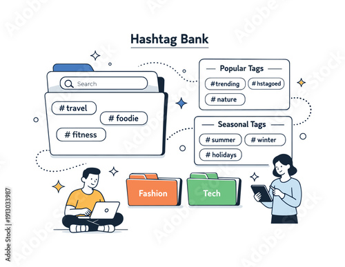 Hashtag bank sheet. Abstract editorial scene showing a digital hashtag repository, tags neatly arranged inside cards and folders. Clean