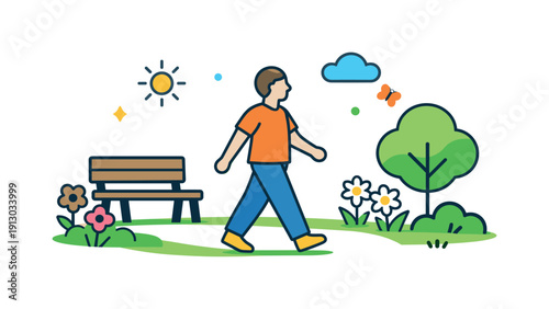 Leisurely spring park stroll relaxed walking through green spaces with flowers and simple benches, conveying peaceful leisure and connection