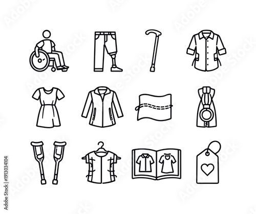 Disability-Inclusive Fashion Icons. Disability-Inclusive Style. Line icon set of Disability-Inclusive Style: fashion for wheelchair users, prosthetic-friendly